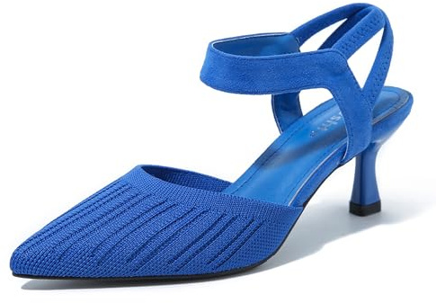 fereshte Women's Low Kitten Heels Knit Pumps Elastic Ankle Strap Slingback Dress Shoes, Royal Blue, 5 UK