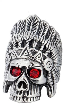 Gu Feng Vintage übertriebener Edelstahl Totenkopf Ring Red Eye Indianer Häuptling Kopf ring