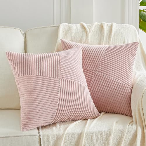 FDTERN 2er Set Altrosa Boho Dekorativ Kissenbezug 50x50 mit Diagonales Gestreiftes Muster Weich Kordsamt Kissenhülle Zierkissenbezüge Sofakissen Dekokissen Deko für Sofa Schlafzimmer Wohnzimmer
