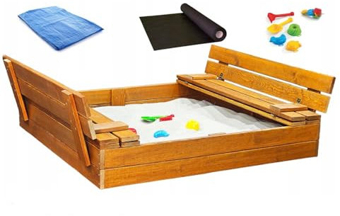 Sandkasten aus Holz mit Sitzbank Abdeckung Imprägniert Sandbox 120 cm