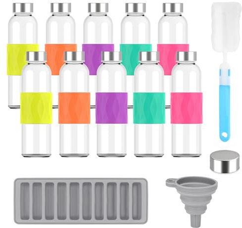 Zukro Lot de 10 bouteilles de jus en verre transparent avec couvercles pour jus de 532 ml, réutilisables avec bouchon hermétique en acier inoxydable et manchon en silicone, 100 % étanches, sans BPA,
