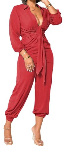 Xinlees Damen Elegant Jumpsuit Casual Langarm Solide Gerade Hosen Business Strampler Dehnbare Knöchelmanschetten, B Rot, Klein