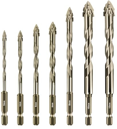 Four-Flute Sawtooth Eccentric Drill, 7PCS Eccentric Drill Bit 1/4” Hexagonal Shank 3/4/5/6/8/10/12MM Four-Edged Serrated Eccentric Drill for Wood Metal (Yellow)