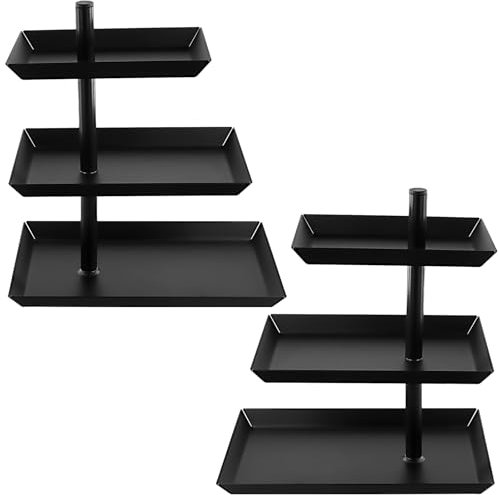 CHUIFAI 2 Stück Schwarz Obst Etagere mit 3 Etagen, Etagere Metall Schwarz Rechteckig, Metall 3 Etagen Servierplatte für Party Dessert, Keks, Obst, Kuchen, Gebäck