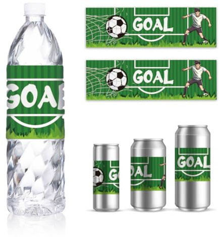 GOMAKERER 30 Sheets Birthday Water Bottle Labels, Soccer Theme Self-Adhesive Wraps Sticker for Water Bottle Personalized Bridal Shower Party Wedding Drinking Water Bottle Label, 8.5x2.5 Inches
