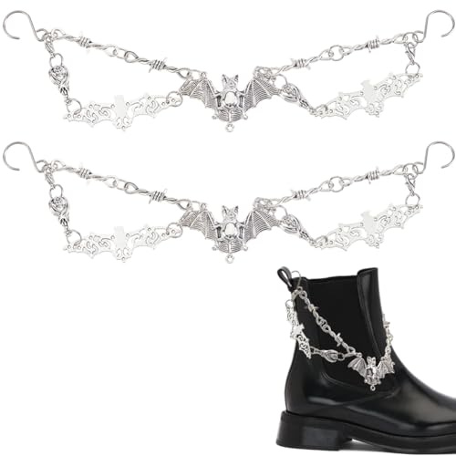 SOFPLATE 2 Stück Schuhkette Punk Schuhketten Silber Gothic Fledermaus Totenkopf Halloween Antik Silber Vintage Hängende Legierung S Haken Karabinerverschluss Schuhriemen Zubehör Für Stiefel Turnschu