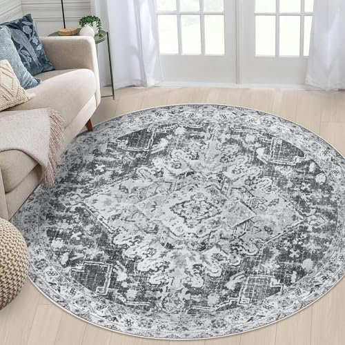Famibay Teppich Wohnzimmer Rund 160cm Waschbarer Teppich Schlafzimmer Kurzflor Dunkelgrau Runder Wohnzimmerteppich Weich Vintage rutschfest für Wohnzimmer Schlafzimmer Esszimmer