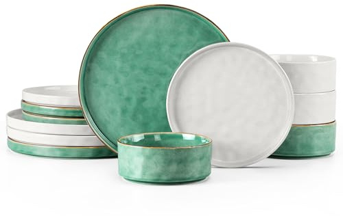 LIANYU Dinnerware Dish Sets for 4, 12 Piece Plates and Bowls Dinner Set, Stoneware Dish Tableware for Dessert Salad Pasta, Microwave & Dishwasher Safe, Polar White & Emerald Green