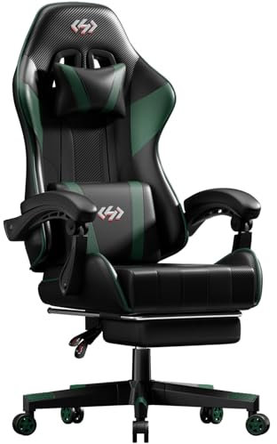 HLONONE Gaming Stuhl, Ergonomischer Gaming Sessel mit Taschenfederkissen, Racing Gamer Stuhl mit Fußstütze, Lendenwirbelstütze, Verstellbarer Bürostuhl 150 kg Belastbarkeit, PC Stuhl Schwarz-Grün