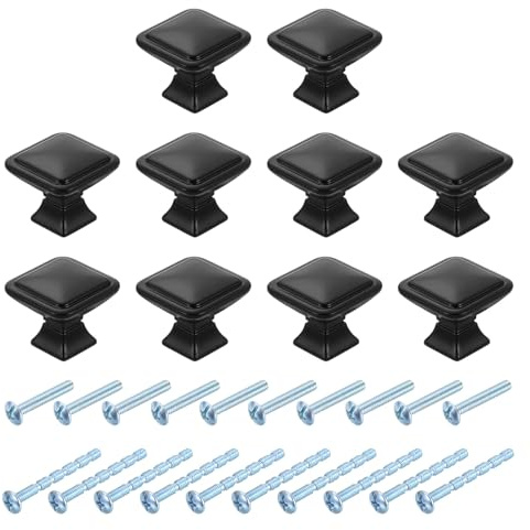 sourcing map 10Pcs Square Cabinet Knobs, 1.2 Inch Square Kitchen Cabinet Knob Zinc Alloy Drawer Knob Handle Pulls for Kitchen Cabinets Bedroom Dresser Wardrobe, Black