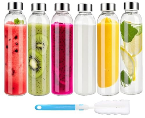 Witeygai 6 Pack 500ML Empty Glass Water Bottles with Lids, Reusable Clear Juice Bottles with Caps, 17.6OZ Smoothie Bottle for Juicing, Milk,Coffee,Hot and Cold Drinks