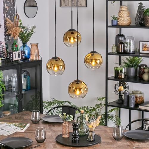HOFSTEIN Hängeleuchte Ripoll, 4-flammige Hängelampe aus Metall/Glas in Schwarz/Goldfarben/Klar, moderne Pendelleuchte im Retro/Vintage-Design (Schirme Ø 15 cm), E27, Esszimmer, Küche, Wohnzimmer