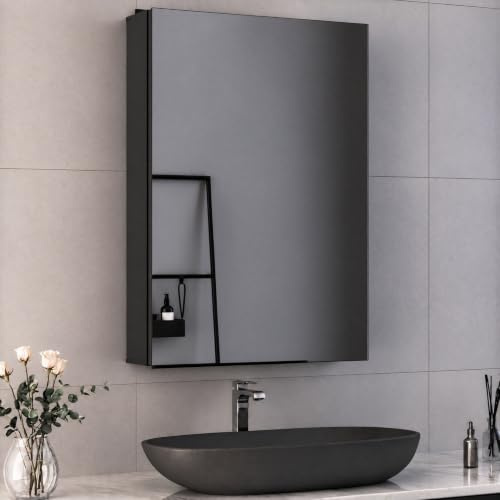 Boromal Spiegelschrank Bad Spiegelschrank mit Innenspiegel Metall Badezimmerschrank Schwarz mit Spiegel und Verstellbare Glasablage (50 x 70 x 12,5 cm)
