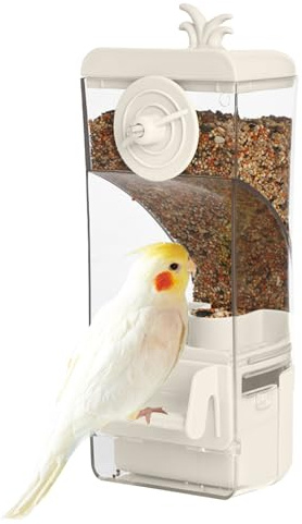 Distributeur de Nourriture Automatique pour Cage à Oiseaux, Distributeur de Nourriture pour Cage avec Perchoir pour Petits Oiseaux Perruche, Canari, Calopsitte, Pinson (Blanc)