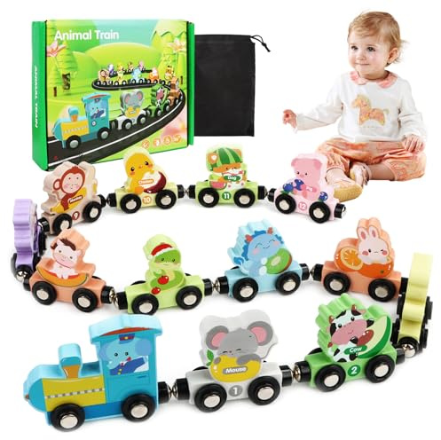 Yooyan 12 Stucks Montessori Spielzeug, Magnetisches Tier Holzzug Holzspielzeug mit Ziffern, Holzspielzeug Baby Motorikspielzeug Kinderspielzeug, Tier Digitaler Zug, für Pädagogisches Lernspielzeug