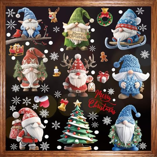 Christmas Window Stickers, 9 Sheets 95 PCS Santa Claus Xmas Window Clings Christmas Decorations, Reusable Christmas Window Decorations Double Sided PVC Static for Christmas Window Decorations Indoor