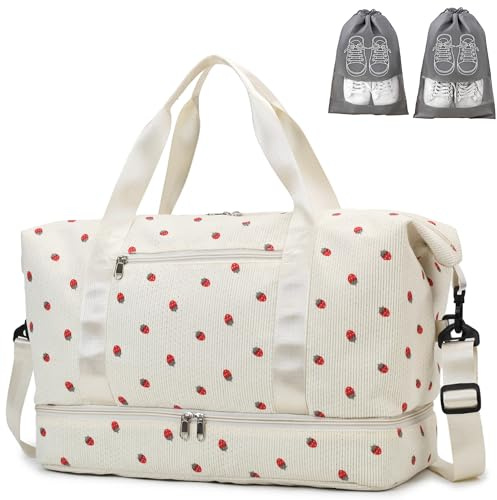 IBALULU Sporttasche Reisetasche Damen, 40L Weekender Travel Duffle Bag mit 2 schuhbeuteln, Schuhfach & Nassfach, Cord Schwimmtasche Strawberry Print Strandtasche Handgepäck Tasche für Sport Reisen