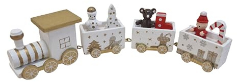 Holzdeko Zug 4-teilig: Weihnachtsdeko Figur Holz, Deko Weihnachten & Winter, Weihnachtsfiguren, Dekofigur Innen, Miniatur Figuren Schneemann, Weihnachtsmann & Geschenk, Winterdeko Gold & Weiß, 21 cm