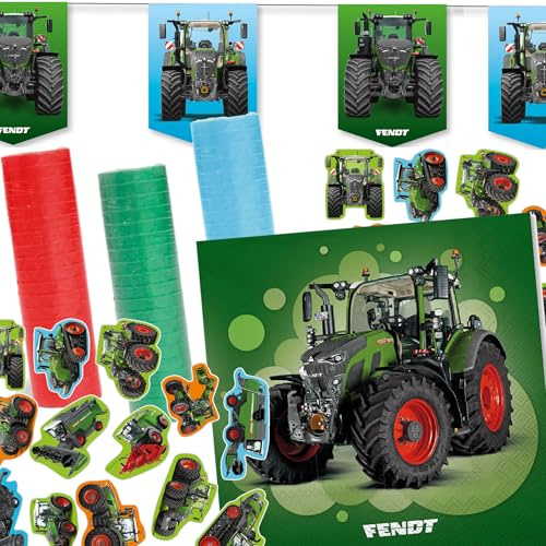 Deko-Set * FENDT TRAKTOR * für Kindergeburtstag, Mottoparty und Party | 71 Teile mit Servietten + Konfetti + Wimpelkette + Luftschlangen | Partydeko Bauernhof Trecker Farm