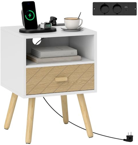 HOMCOM Mesita de Noche con Estación de Carga, Mesilla de Noche con Cajón, 2 Tomas AC, Puerto USB y Tipo-C, Compartimento Abierto, Patas de Madera, para Salón, Dormitorio, Blanco