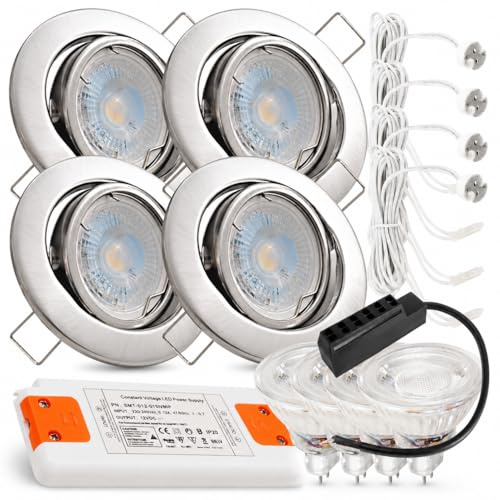 LED Einbaustrahler Set 12V schwenkbar – 4er Set mit je 120 cm Kabel & AMP-Stecksystem – 3W MR16 Spot inkl. Trafo, IP20, 250 Lumen, 55 mm Einbautiefe – LED Deckenstrahler für Wohnbereiche, Küche & Flur