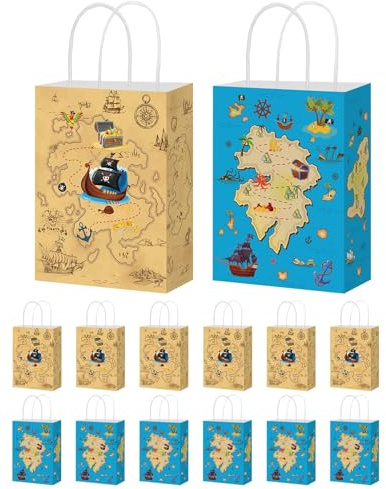 woric 12 Piraten-Geschenktüten Aus Kraftpapier, 21 x 15 x 8 Cm, 2 Designs | Mit Griff, Robuster Verstärkter Boden, Wiederverwendbar, Für Kindergeburtstag Und Piratenparty