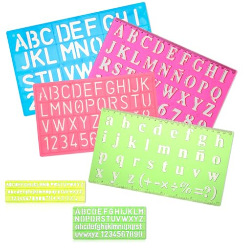 DOPENSPI 6 Stück Buchstabenschablonen-Set,Normograf Schablonen | Zahlen und Buchstaben Buchstaben-Schablonen mit Skala Zeichenlineal Lineal für Zeichenschablone,Malen,Lernen,Heimwerken