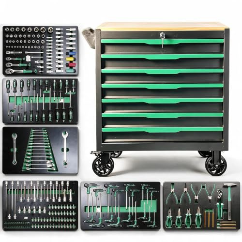 Griplier 7-Drawer Rolling Tool Chest with Wood Workbench,Heavy-Duty Steel Tool Cabinet Box, Lockable Drawers,Perfect for Home, Garage, or Workshop(7 Drawers + 258 Pieces Tools)