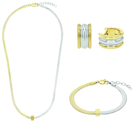 Amor Schmuck-Set für Damen aus Edelstahl, bestehend aus Halskette, Creolen & Armband, Bicolor, IP Gold, Geschenkidee