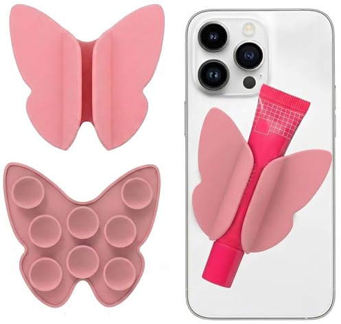 Supporto Telefono a Ventosa a Forma di Farfalla per Lucidalabbra, Porta Lip Gloss in Silicone per Selfie e Video, Accessorio Cellulare Universale per Specchio e Superfici Lisce, Rosa