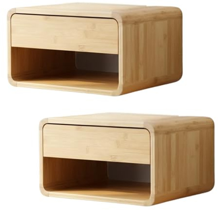 BUDDLEY Wandnachttisch Bambus mit Schublade, 2er Set | Schwebend wandmontiert, FSC-geprüfter Bambus, Kabelöffnung, 33x28x19 cm, max. 10 kg, Farbe Beige, Modern