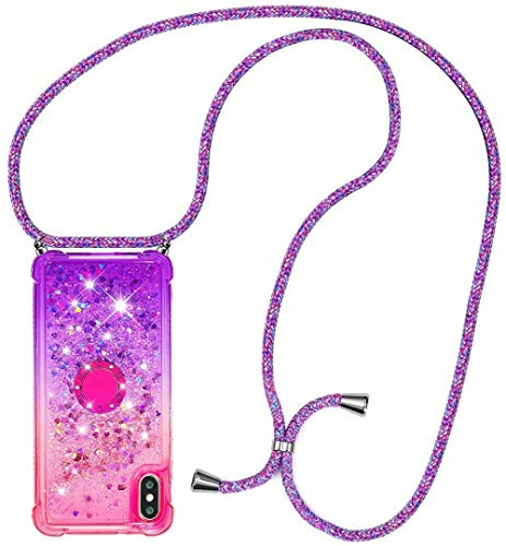 HongMan Handykette Hülle für iPhone XS Max - Quicksand Glitzer Hülle mit Band - Silikon Handyhülle mit Kordel Umhängenband - Schnur mit Treibsand Case zum Umhängen,Pink + Lila