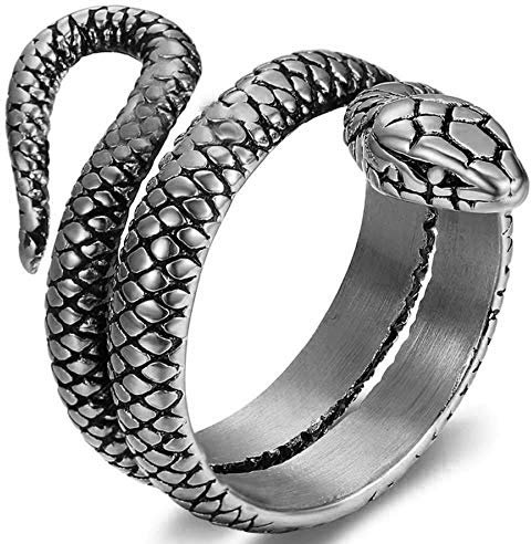 JewelryWe Schmuck Herren-Ring Schlange Ring Edelstahl Zweireihig Öffnung Band Retro Silber Größer 64
