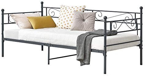 [en.casa] Metallbett Kerava 90x200 cm Tagesbett mit Kopf- und Fußteil Bettsofa Kojenbett Jugendbett Gästebett Dunkelgrau