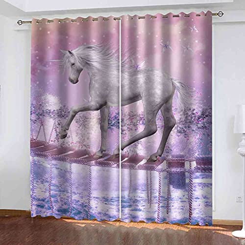 ZJZWLW 3D Vorhänge Blickdicht Gardinen Schlafzimmer Lila Fee Weißes Pferd Vorhänge Kinderzimmer Thermo Gardinen Für Raum Verdunkeln Ösenvorhang. 2Er/Set Verdunklungsgardine,150X166Cm BxH