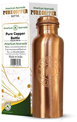 A Merican Ayurveda Wasserflaschen aus 100 % reinem Kupfer, gelenkfrei, auslaufsicher, gesundheitliche Vorteile, natürliches ayurvedisches alkalisches Wasser mit Wassertemperaturanzeige (900 ml)