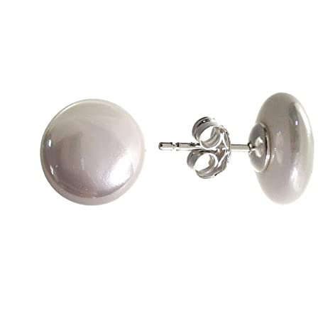 Minoplata Pendientes de Plata de ley 925 y Perlas shell planas 12 Mm. para mujer