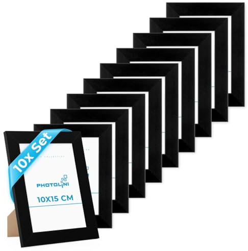 PHOTOLINI Bilderrahmen 10x15 cm Schwarz MDF-Holz, breite Rahmen, 10er Set, modern, bruchsicheres Acrylglas, zum Aufhängen & Aufstellen, extra Zubehör - für Ihre stilvolle Wanddekoration