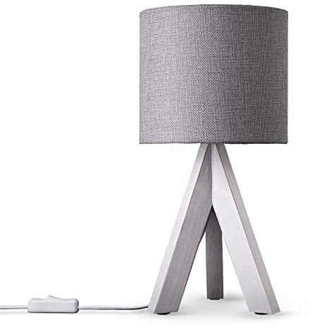 Paco Home Tischleuchte Dreibein Nachttischlampe Stehlampe Schlafzimmer E27 Stoff Lampenschirm E14 Mit Schalter Einfarbig, Farbe:Grau (Ø17 cm), Leuchtenart/Farbe:Tischleuchte - Weiß