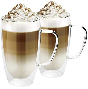 ADEPTNA Finest Large Pack of 2 Double Wall Glass Mugs Insulated Glass with Handle - Idea Gift for Xmas or Any Occasions (2 X 450ML)