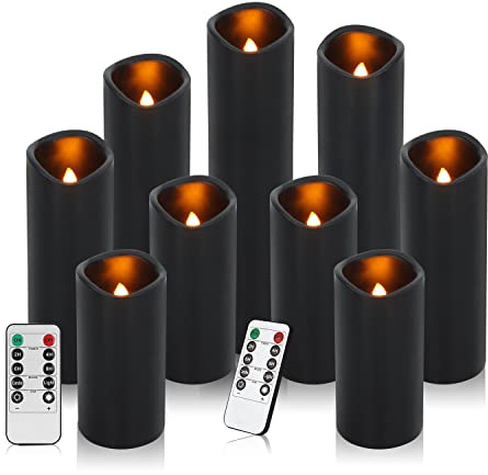 antizer Velas LED sin llama, paquete de 9 velas con batería de cera real negra con temporizador remoto, paquete de 9 (altura 12,7 cm, 15,2 cm, 17,8 cm, 20,3 cm, 22,8 x 5,6 cm)