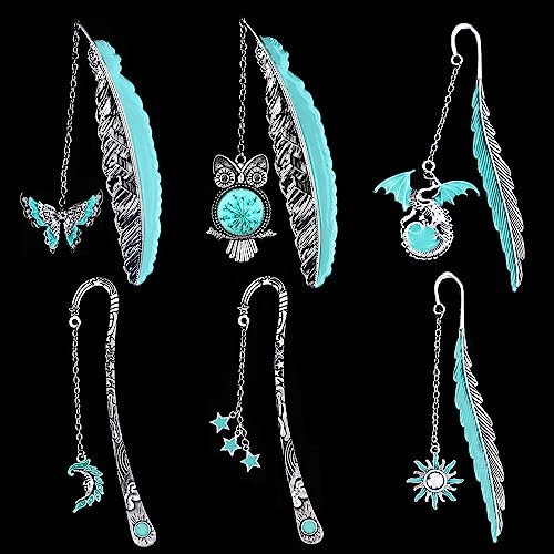 Chostky 6Pcs Vintage Feder Metall Lesezeichen, Glühen in der Dunkelheit 3D leuchtende Lesezeichen, einzigartige Lesezeichen Coole Lesezeichen für Kinder Schüler Buch Liebhaber Lehrer Leser