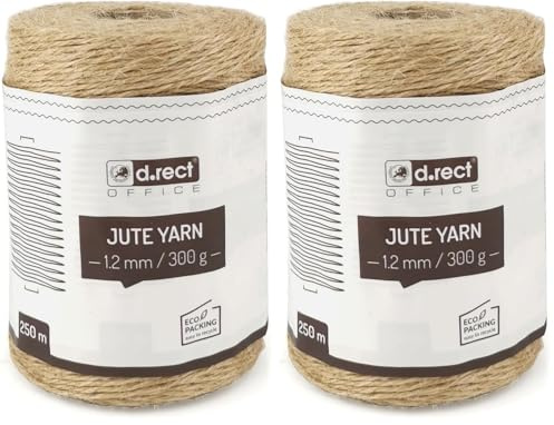 D.RECT 250m Jute-Schnur Natur Braun Jute-Kordel | Packschnur Geschenk-Band Bastelschnur Dekokordel | 1,2mm Dicke | Für: Verpackung, DIY Kunst-Handwerk, Floristik, Dekoration (Packung mit 2)