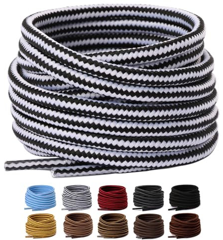 Olukssck 2 Paia Lacci per Scarpe Rotondi, Stringhe Scarpe Robuste e Resistenti per Scarpe Sportive da Trekking, Stivali da Lavoro e Scarpe da Scarponi Montagna - Diametro 4 mm, Nero/Bianco, 122cm