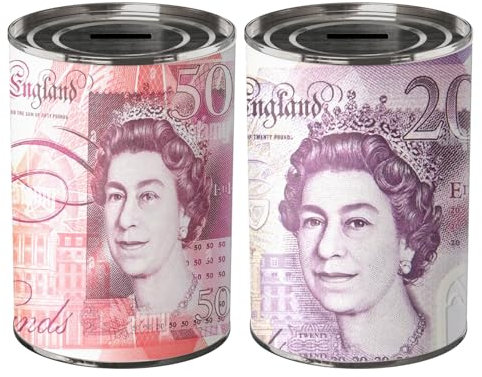 BERTO 2PCS MONEY TIN BOX - Sterling Bank Note -TIN Piggy Bank, Coin Tin, Cash Tin, Savings Tin, Money Can, Birthday Money, Holiday & Christmas Fund(2 X Medium)
