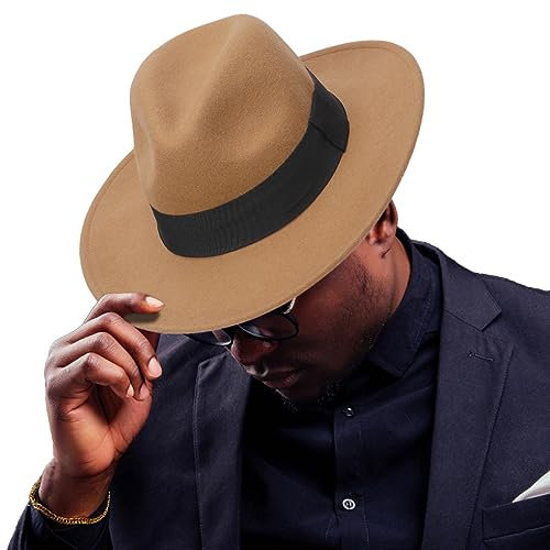 Ruphedy Wolle Fedora Hüte für Männer Frauen Breite Krempe Filz Panama Hut, CAMEL, M