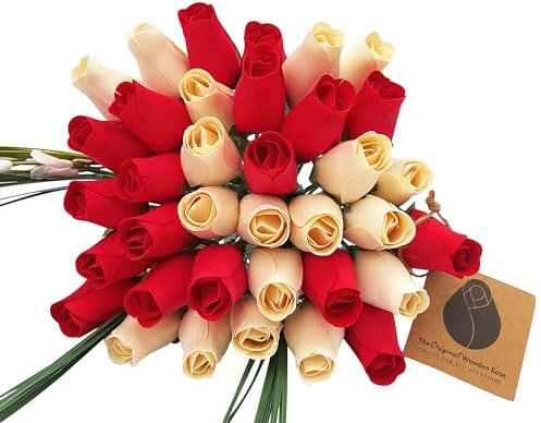 The Original Wooden Rose Blumenstrauß zum Valentinstag, Rot und Weiß, 3 Dutzend