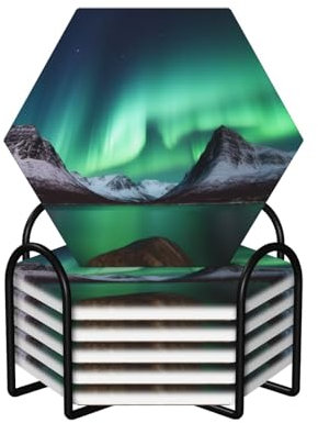 EVANEM Untersetzer für Getränke Keramik Untersetzer 6er Set Getränkeuntersetzer mit Metallhalter Aurora Borealis Tasse Untersetzer Kork Rückseite Stein Untersetzer für Hochzeit Home Decor