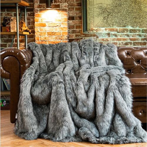 CLOYAO Kunstfelldecke,Super Weich & Warme Decke,Felldecke Fuchs Felloptik,Lang Plüsch Wolldecke,Sofadecke,Tagesdecke,Kuscheldecke Fell Flauschig,150x200 cm,Grau