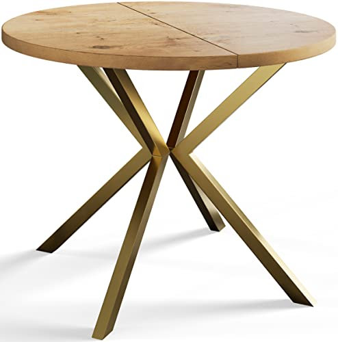 AlpiMeble Table de salle à manger ronde LOFT LITEN, table extensible, diamètre : 90 cm/170 cm, table de salon, couleur : marron clair, avec pieds en métal doré